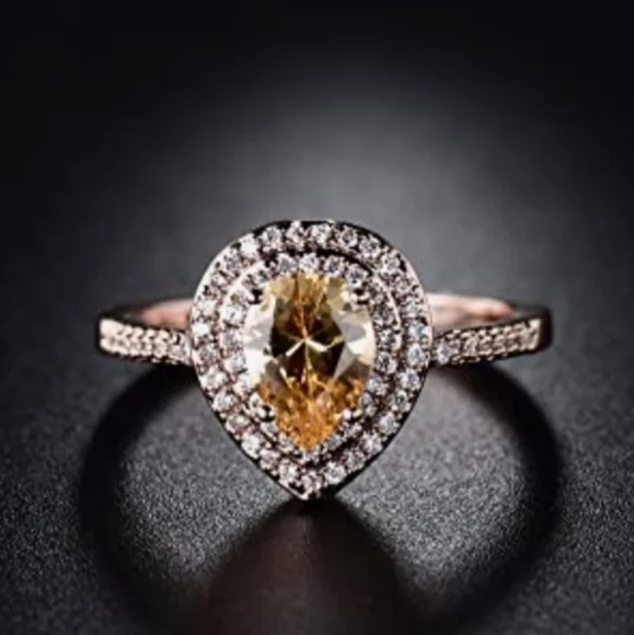 Vintage Citrine Raindrop Diamond Baguette Ring 18k RG - Picture 1 of 6